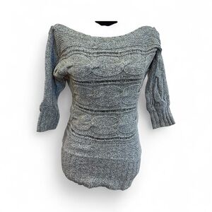 Gray Cable Knit Sweater With 3/4 Sleeves & Boat Neckline - Womens M